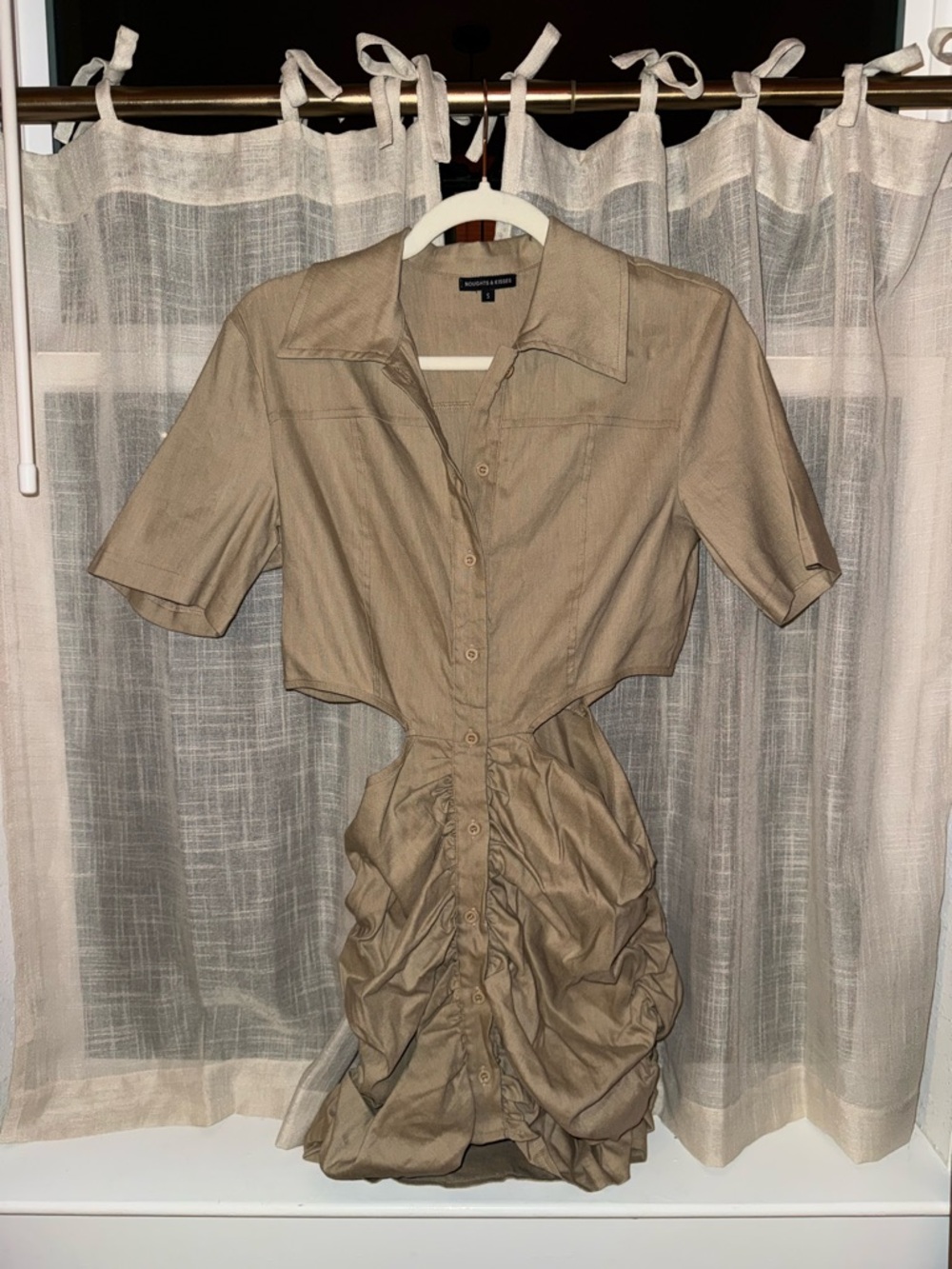 Neutral Cutout Shirt Dress with Ruched Skirt